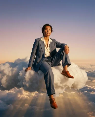 Sitting on Clouds Fashion Portrait 1 — Nano Banana AI Prompt: Seated with relaxed confidence — one leg extended over the cloud edge, one arm r...