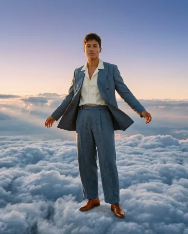 Sitting on Clouds Fashion Portrait 2 — Nano Banana AI Prompt: Late golden-hour light from behind-left creating strong rim light on the suit's...