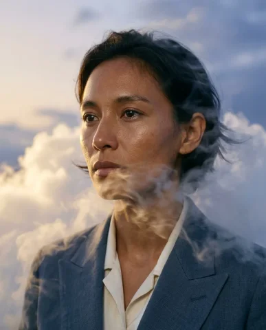 Sitting on Clouds Fashion Portrait 3 — Nano Banana AI Prompt: Wearing the collar of a slate-blue double-breasted linen suit and cream open-col...