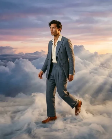 Sitting on Clouds Fashion Portrait 5 — Nano Banana AI Prompt: Late golden-hour light from the right casting warm highlights along the suit and...