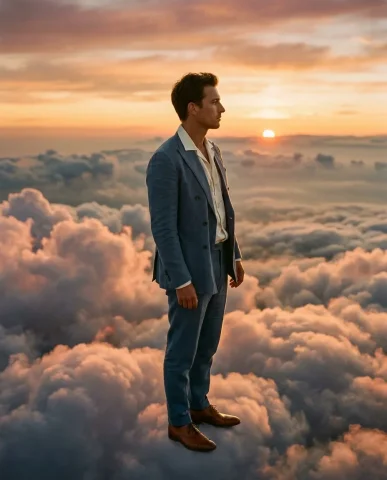 Sitting on Clouds Fashion Portrait 6 — Nano Banana AI Prompt: Clouds below and behind catching warm rose and amber undertones. Atmospheric dep...