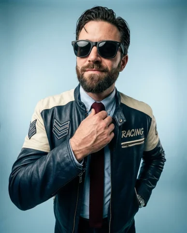 Ultra-Wide Lens Dynamic Studio Portrait 5 — Nano Banana AI Prompt: Model adjusting his burgundy tie with wide-angle distortion on the hand, confide...