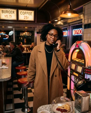Retro Diner Night Portrait 1 — Nano Banana AI Prompt: Ultra-realistic cinematic portrait inside a vintage 1960s American roadside dine...