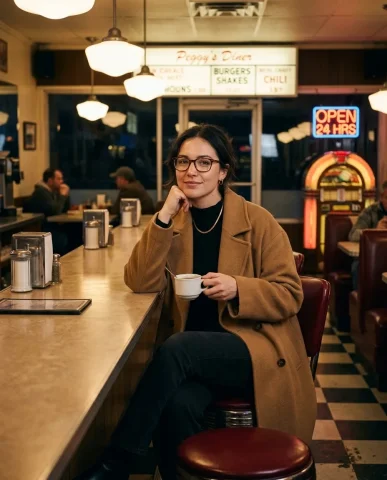 Retro Diner Night Portrait 2 — Nano Banana AI Prompt: Ultra-realistic cinematic portrait set inside a vintage 1960s American roadside...