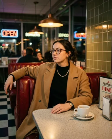 Retro Diner Night Portrait 5 — Nano Banana AI Prompt: Close-up detail shot inside a vintage 1960s American roadside diner at night. Ti...