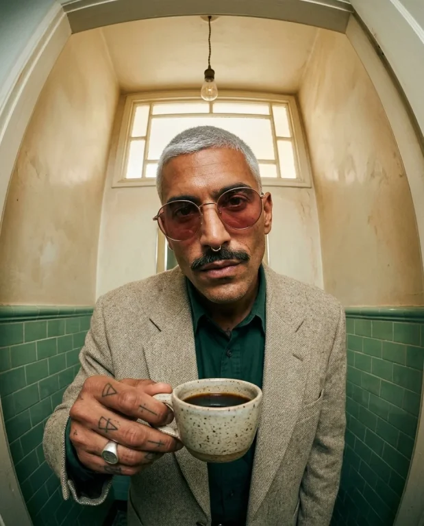 Fisheye Coffee Sip Bathroom Portrait 3