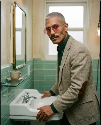 Fisheye Coffee Sip Bathroom Portrait 4 — Nano Banana AI Prompt: Ultra-realistic editorial full-body portrait in a vintage powder room. A strikin...