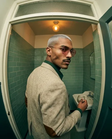 Fisheye Coffee Sip Bathroom Portrait 7 — Nano Banana AI Prompt: Full body shot of a man leaning against a seafoam-tiled wall in a vintage bathro...