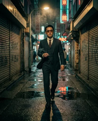 Neo-Noir Elevator & Shutter Diptych 3 — Nano Banana AI Prompt: Ultra-cinematic neo-noir long shot of a man in a deep charcoal pinstripe three-p...