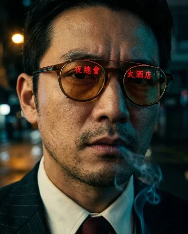 Neo-Noir Elevator & Shutter Diptych 4 — Nano Banana AI Prompt: Ultra-cinematic neo-noir close-up portrait of a man's face filling the frame. De...