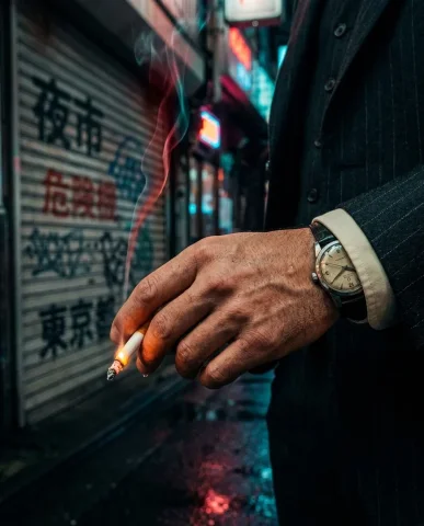 Neo-Noir Elevator & Shutter Diptych 6 — Nano Banana AI Prompt: Ultra-cinematic neo-noir detail shot focused on a man's right hand holding a lit...
