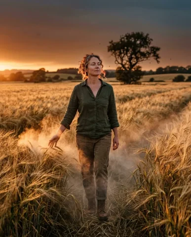 Golden Hour Mist Field Portrait 3 — Nano Banana AI Prompt: Cinematic extreme wide portrait of a vast open barley field at the last minutes...