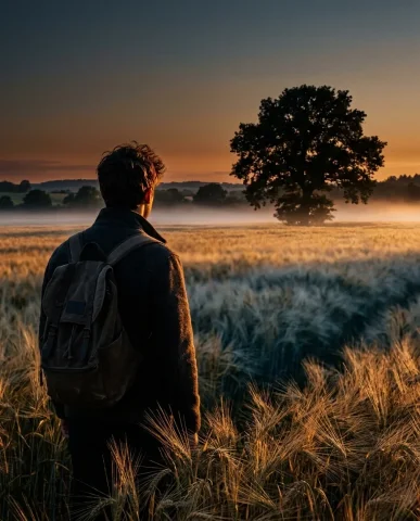 Golden Hour Mist Field Portrait 5 — Nano Banana AI Prompt: Cinematic silhouette portrait of a person with distinctive features standing in...