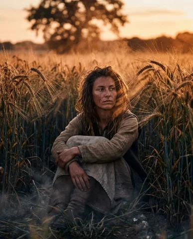 Golden Hour Mist Field Portrait 6 — Nano Banana AI Prompt: Rear view portrait looking toward a lone oak tree across a misty barley field, g...