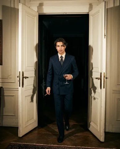 Flash Portrait Against Cream Doors 1 — Nano Banana AI Prompt: Photoreal wide flash editorial portrait. Tall cream-painted paneled double doors...