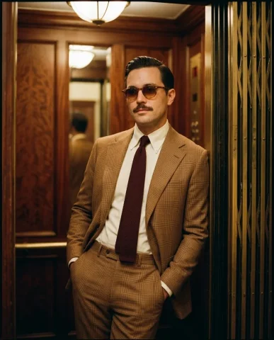 Vintage Elevator Warm Glen-Plaid Suit 1 — Nano Banana AI Prompt: Art Deco elevator to convey timeless tailoring and understated authority. He wea...
