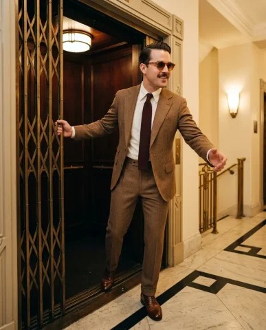 Vintage Elevator Warm Glen-Plaid Suit 4 — Nano Banana AI Prompt: Photoreal fashion portrait at a vintage Art Deco elevator. The oxidized brass ac...