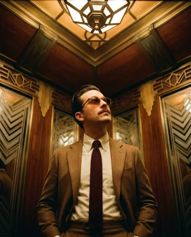 Vintage Elevator Warm Glen-Plaid Suit 6 — Nano Banana AI Prompt: Photoreal low-angle fashion portrait inside a vintage Art Deco elevator. Camera...