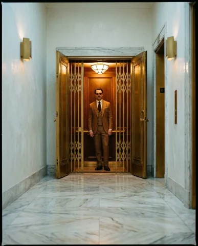 Vintage Elevator Warm Glen-Plaid Suit 7 — Nano Banana AI Prompt: Wide shot from a marble hallway looking into an open Art Deco elevator, man stan...