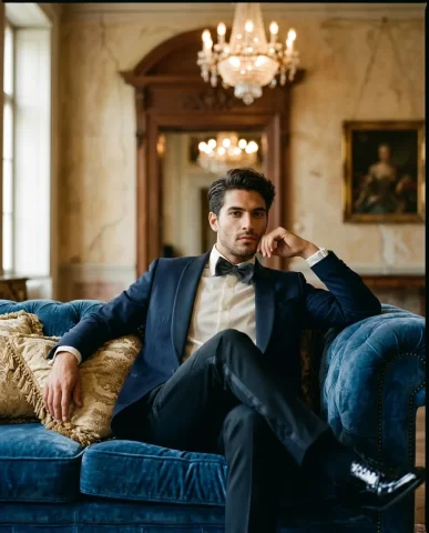 Tuxedo on Sapphire Velvet Sofa 1 — Nano Banana AI Prompt: Premium high-fashion editorial portrait of a handsome young man reclining with e...