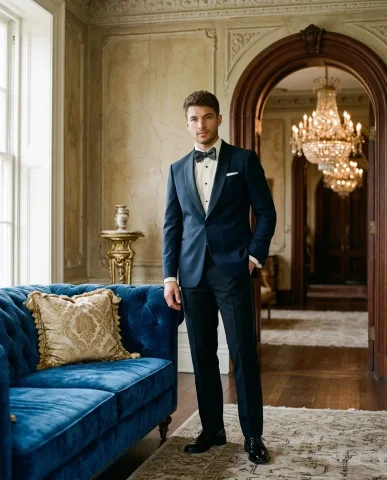 Tuxedo on Sapphire Velvet Sofa 2 — Nano Banana AI Prompt: Premium high-fashion editorial portrait in an ornate neoclassical interior. A ha...