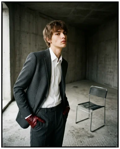 Concrete Room Oxblood Glove Low-Angle 3 — Nano Banana AI Prompt: Full body of a young man in a houndstooth suit with oxblood gloves in pockets, s...