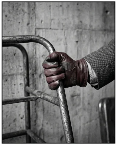 Concrete Room Oxblood Glove Low-Angle 6 — Nano Banana AI Prompt: Macro of an oxblood leather gloved hand gripping a raw steel chair arm, knuckle...