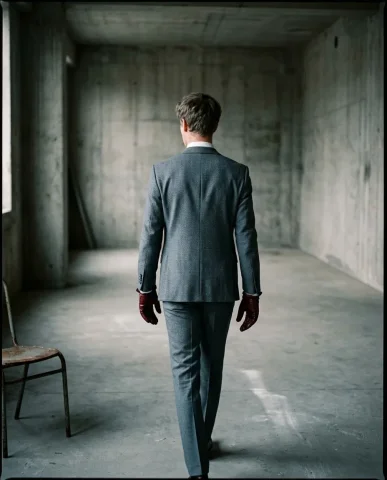Concrete Room Oxblood Glove Low-Angle 7 — Nano Banana AI Prompt: Moody editorial rear-view portrait in a stark industrial concrete room. A young...