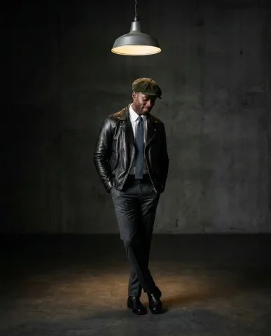Pendant Light Dark Studio Leather Jacket 1 — Nano Banana AI Prompt: Premium high-fashion editorial full-body portrait of a single male model standin...