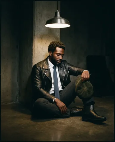 Pendant Light Dark Studio Leather Jacket 3 — Nano Banana AI Prompt: Premium editorial portrait in a dark studio. A male model seated on the smooth d...