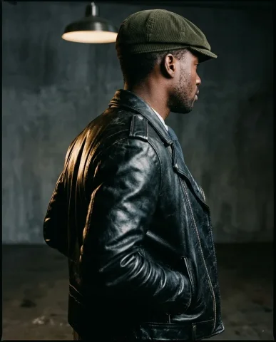 Pendant Light Dark Studio Leather Jacket 5 — Nano Banana AI Prompt: Premium editorial three-quarter rear-view portrait in a dark studio. A male mode...