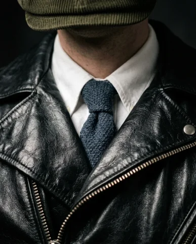 Pendant Light Dark Studio Leather Jacket 6 — Nano Banana AI Prompt: Macro detail shot in a dark studio. Tight framing on the chest area of a male mo...