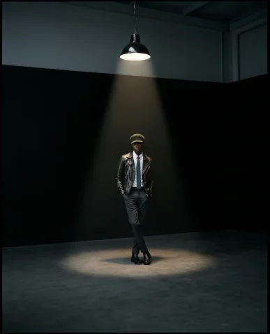 Pendant Light Dark Studio Leather Jacket 7 — Nano Banana AI Prompt: Wide shot of a vast dark studio with a single pendant light illuminating a small...