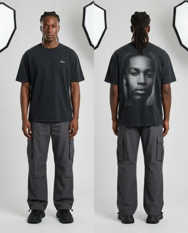 Fashion Catalog Front-and-Back 2 — Nano Banana AI Prompt: Medium close-up of the back of a washed-black cotton tee worn by a male model wi...