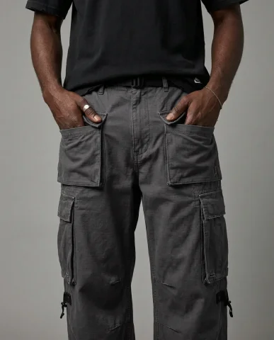 Fashion Catalog Front-and-Back 5 — Nano Banana AI Prompt: Low-angle full-body fashion editorial shot of a male model with rich dark-brown...