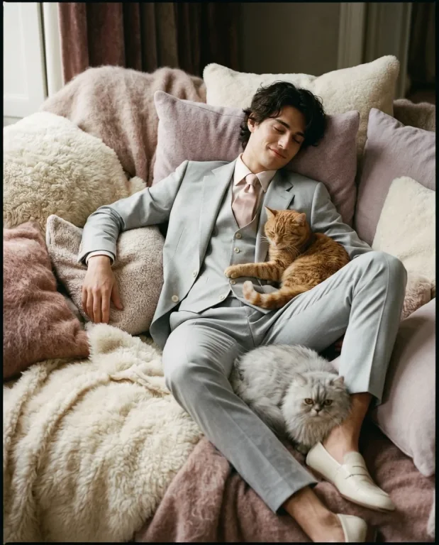 Cream-Suit Man with Cats on Pillows 1