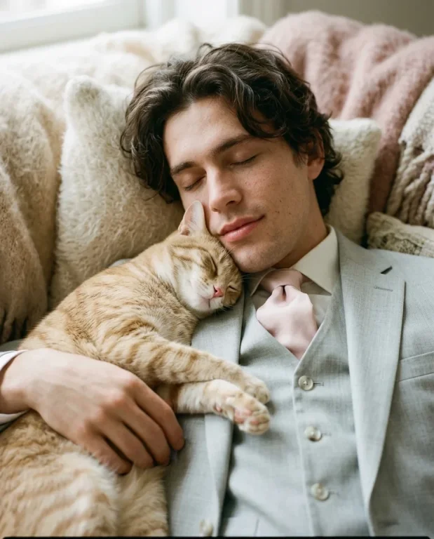Cream-Suit Man with Cats on Pillows 2