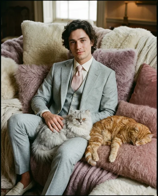 Cream-Suit Man with Cats on Pillows 3