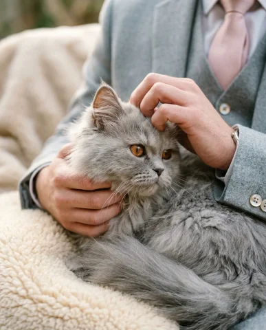 Cream-Suit Man with Cats on Pillows 4 — Nano Banana AI Prompt: Macro detail shot. Tight framing on the model's hands gently cradling the long-h...