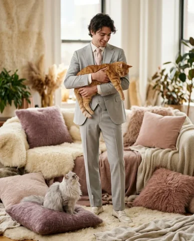 Cream-Suit Man with Cats on Pillows 5 — Nano Banana AI Prompt: Delicate shadows in the fur folds. Very shallow depth of field — only the cat's...