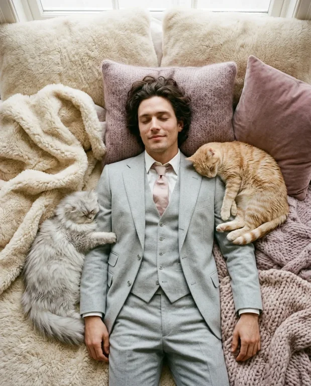 Cream-Suit Man with Cats on Pillows 6