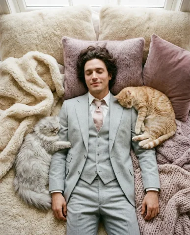 Cream-Suit Man with Cats on Pillows 6 — Nano Banana AI Prompt: High-fashion editorial full-body portrait. A male model with loosely tousled dar...
