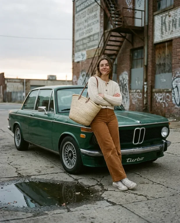 Vintage BMW Street Style with Straw Tote 1