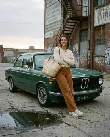 Vintage BMW Street Style with Straw Tote 1 — Nano Banana AI Prompt: Flat silver overcast daylight just beginning to turn amber at the horizon, neutr...