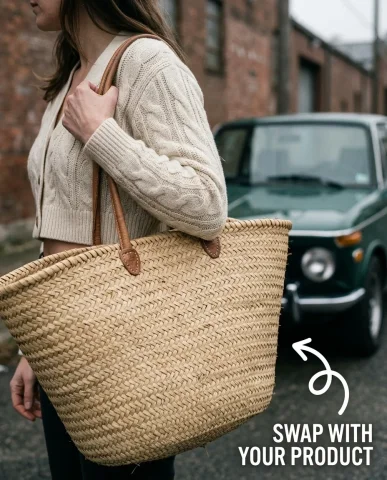 Vintage BMW Street Style with Straw Tote 3 — Nano Banana AI Prompt: Close-up detail shot of an oversized woven straw market tote slung over a woman'...
