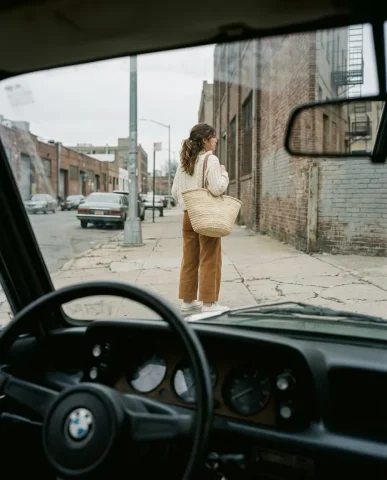Vintage BMW Street Style with Straw Tote 5 — Nano Banana AI Prompt: Shot through the windshield of a Forest Green 1974 BMW 2002 Turbo. The woman is...