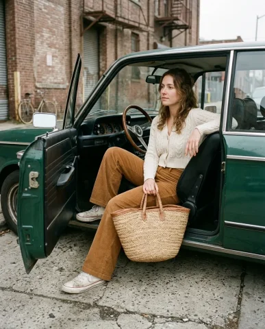 Vintage BMW Street Style with Straw Tote 6 — Nano Banana AI Prompt: Medium shot of a woman seated in the passenger seat of a Forest Green 1974 BMW 2...