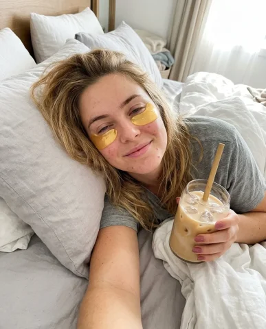 Morning Skincare Selfie with Under-Eye Patches 5 — Nano Banana AI Prompt: Close-up selfie-angle shot of a woman's face as she peels a golden hydrogel unde...
