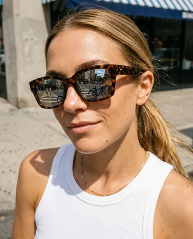 Oversized Sunglasses High-Angle Street Selfie 2 — Nano Banana AI Prompt: Close-up product detail shot. A woman's right hand holds the oversized tortoises...