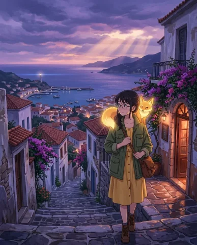 Anime — Shinkai Style, Mediterranean Hillside 1 — Nano Banana AI Prompt: Mediterranean hillside village at violet dusk — terracotta rooftops descending t...
